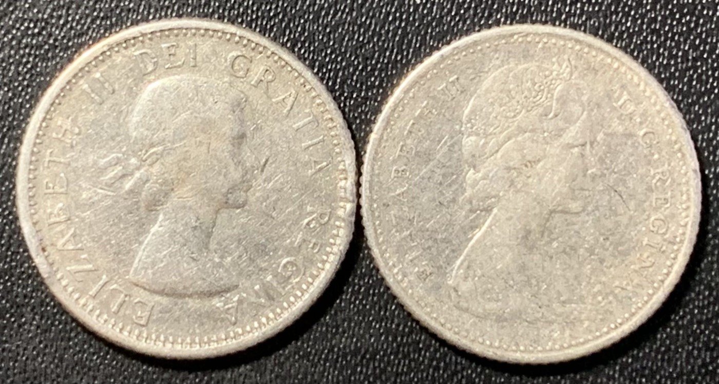 紫瑗钱币——第307期拍卖 加拿大 1958 1965年代 伊丽莎白二世 帆船 10分 2枚一起 共4.66克 0.8银