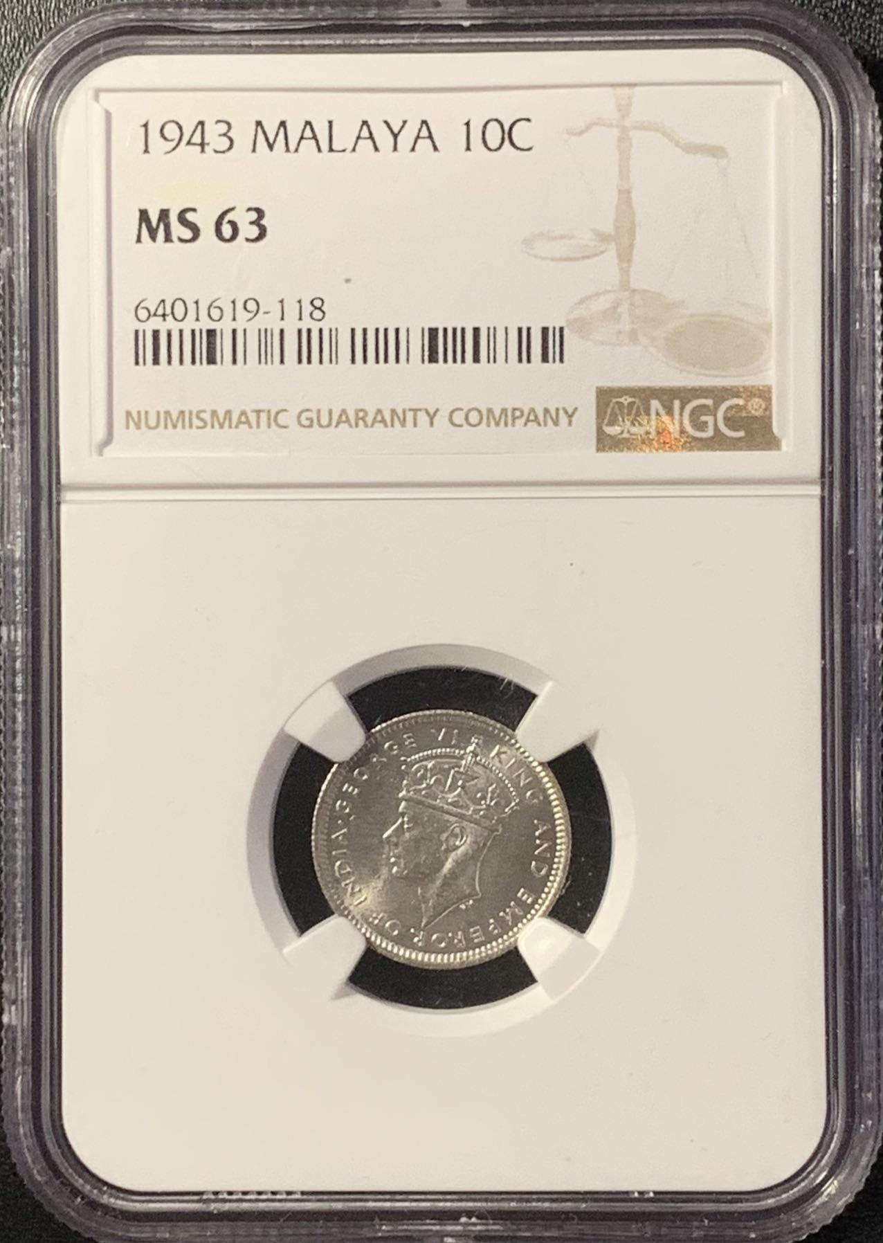 紫瑗钱币——第288期拍卖 马来亚 1943年 乔治六世 5分 银币 NGC MS63