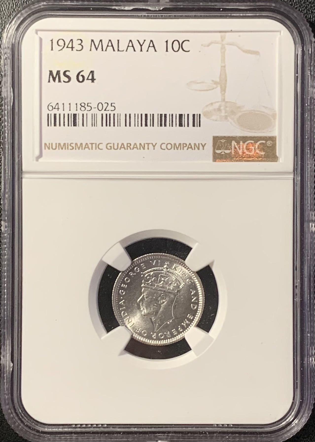 紫瑗钱币——第288期拍卖 马来亚 1943年 乔治六世 10分 银币 NGC MS64