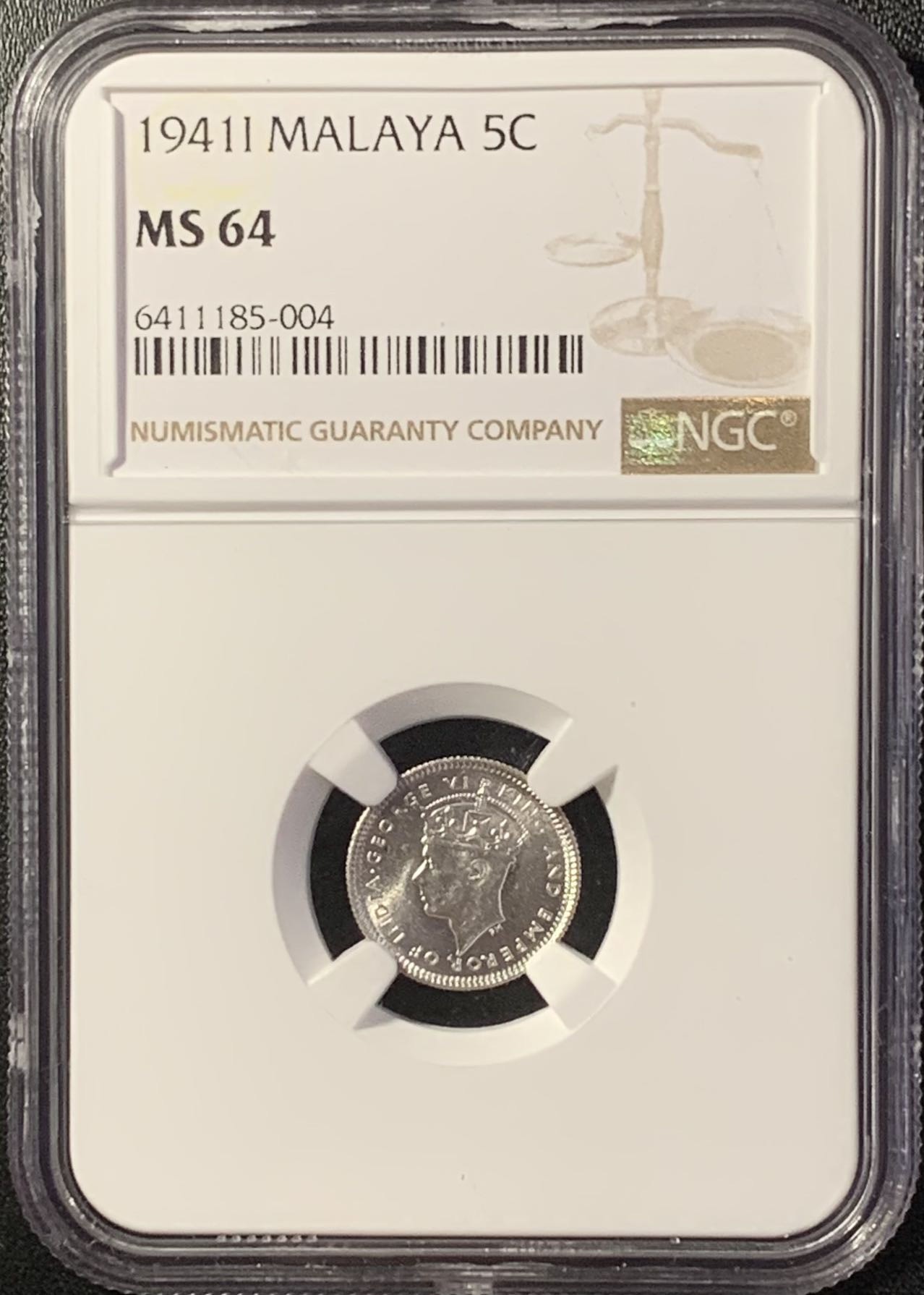 紫瑗钱币——第288期拍卖 马来亚 1941年 i版 乔治六世 5分 银币 NGC MS64
