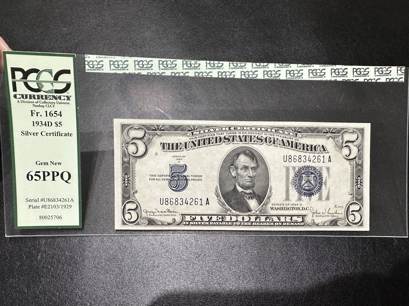 《外钞收藏家》第二百八十四期（连拍第一场） 1934年美国银币券 5美元 PCGS评级65 有特殊装壳方式