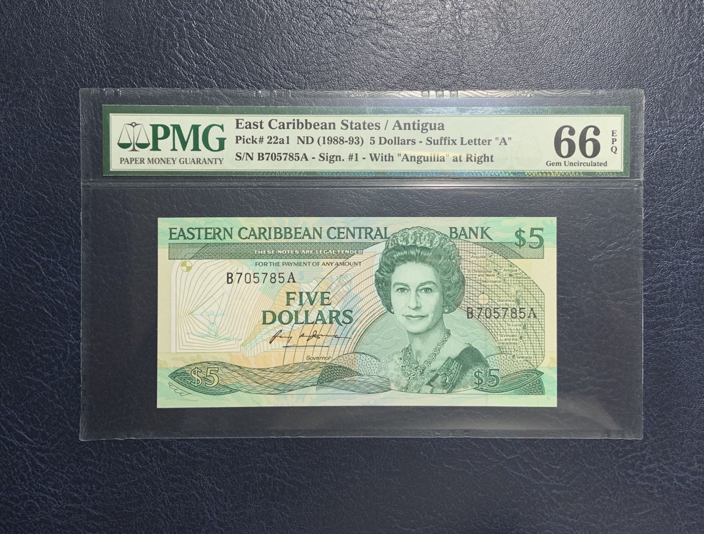 收藏联盟Quantum Auction 第274期拍卖 爱神维纳斯的故乡-塞浦路斯 东加勒比国家(安提圭)1988-93年5元 PMG66 无4 彩背