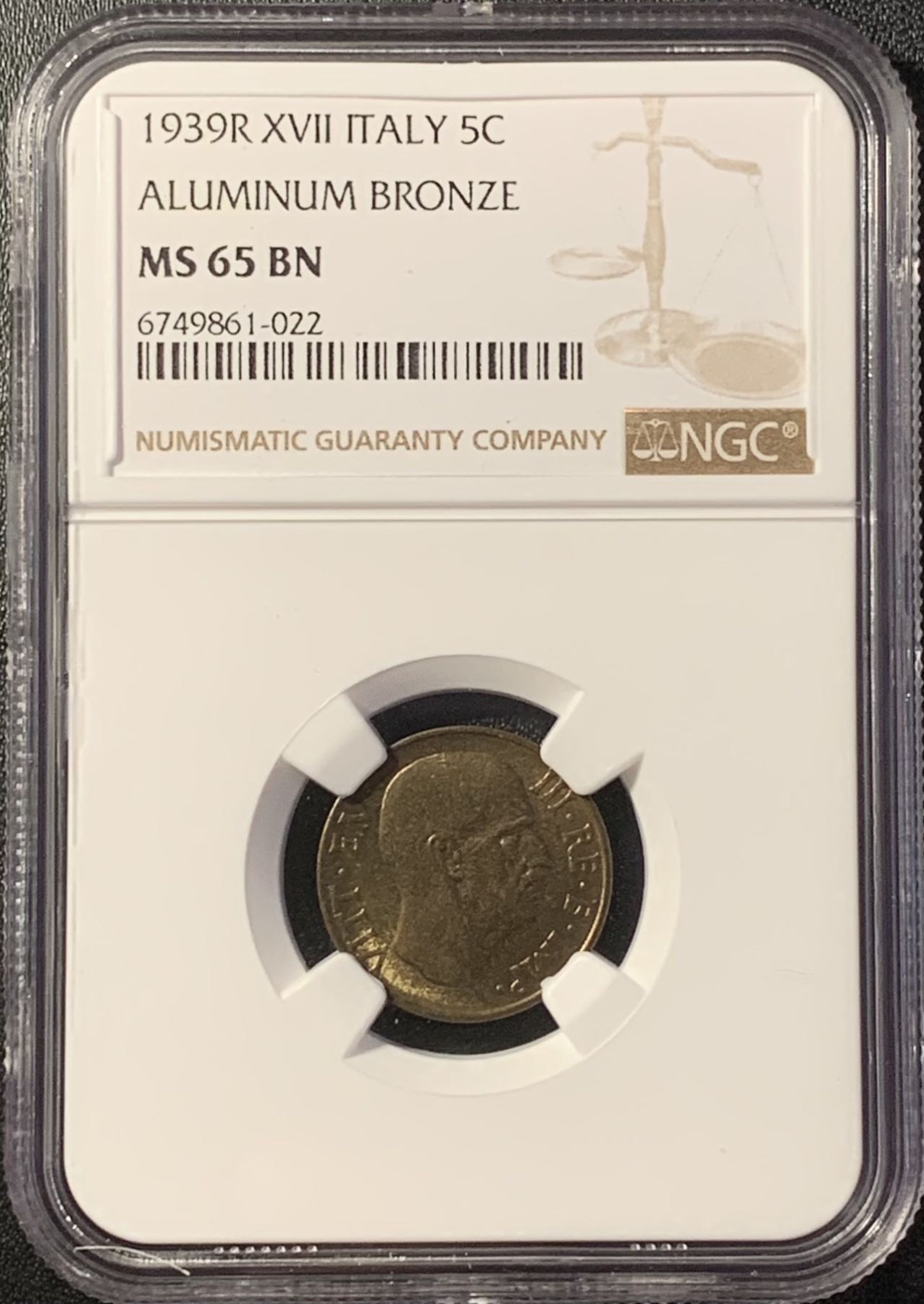 紫瑗钱币——第288期拍卖 意大利 1939年 伊曼纽尔三世 5分 铜币 NGC MS65 BN