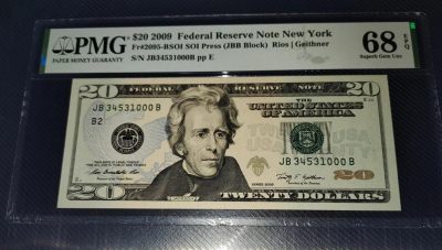 Super Gem Unc 美国纸币 2009年 20美元纸币 豹子号000 Pmg 68 - Super Gem Unc 美国纸币 2009年 20美元纸币 豹子号000 Pmg 68