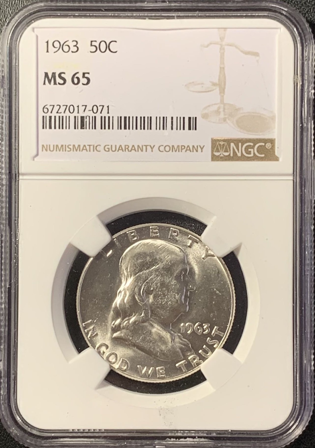紫瑗钱币——第288期拍卖 美国 1963年 富兰克林 50美分 银币 NGC MS65