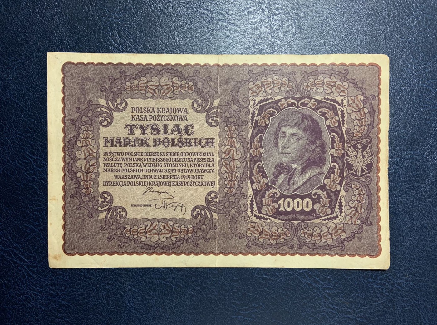 收藏联盟Quantum Auction 第274期拍卖 爱神维纳斯的故乡-塞浦路斯 波兰1919年1000兹罗提 品相如图 超大票幅 波兰独立运动和爱国将领塔德乌什·柯斯丘什科