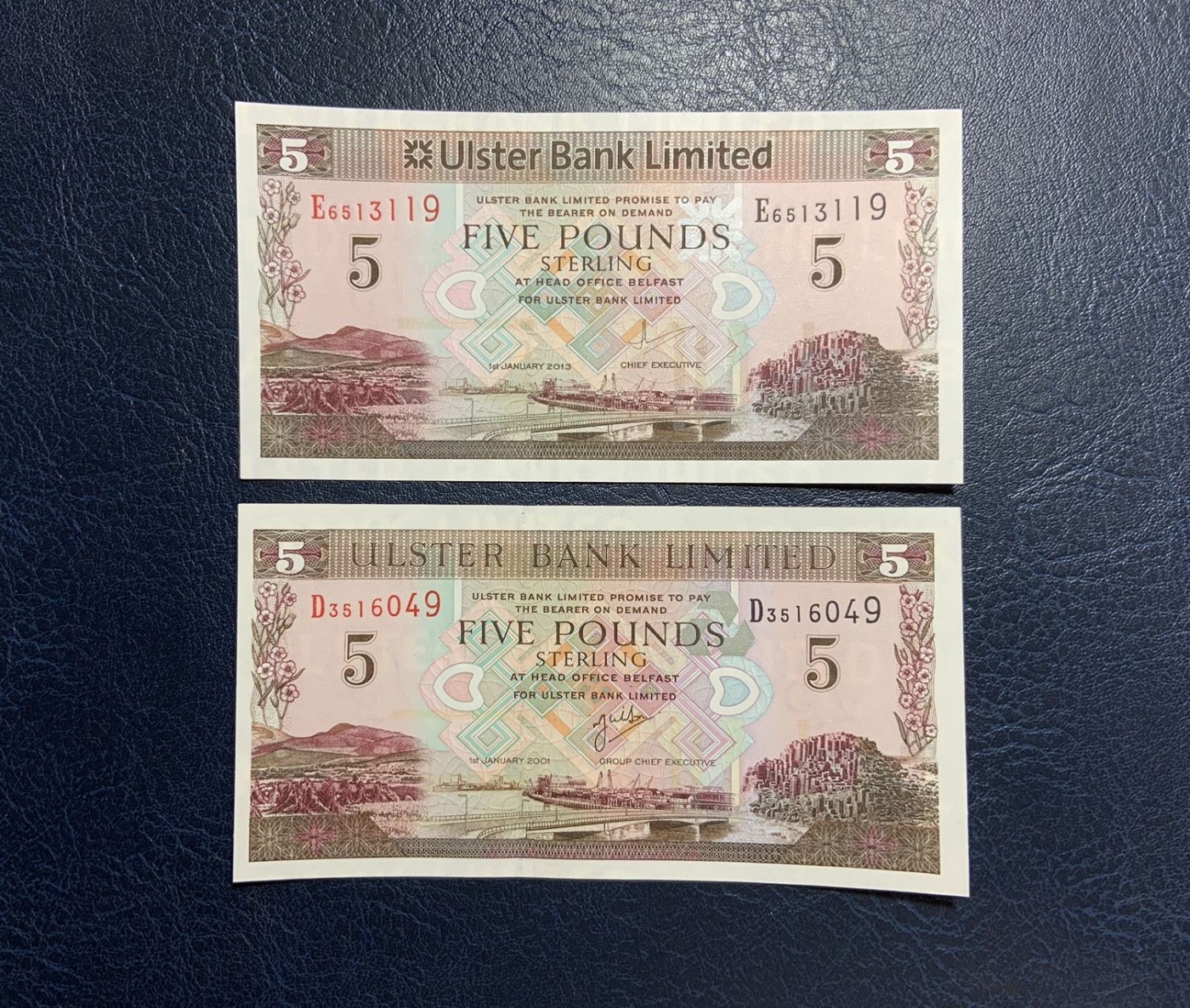收藏联盟Quantum Auction 第274期拍卖 爱神维纳斯的故乡-塞浦路斯 北爱尔兰阿尔斯特银行2001和2013年5镑 品相全新UNC  一张角有瑕疵 2001使用了NatWest标志
