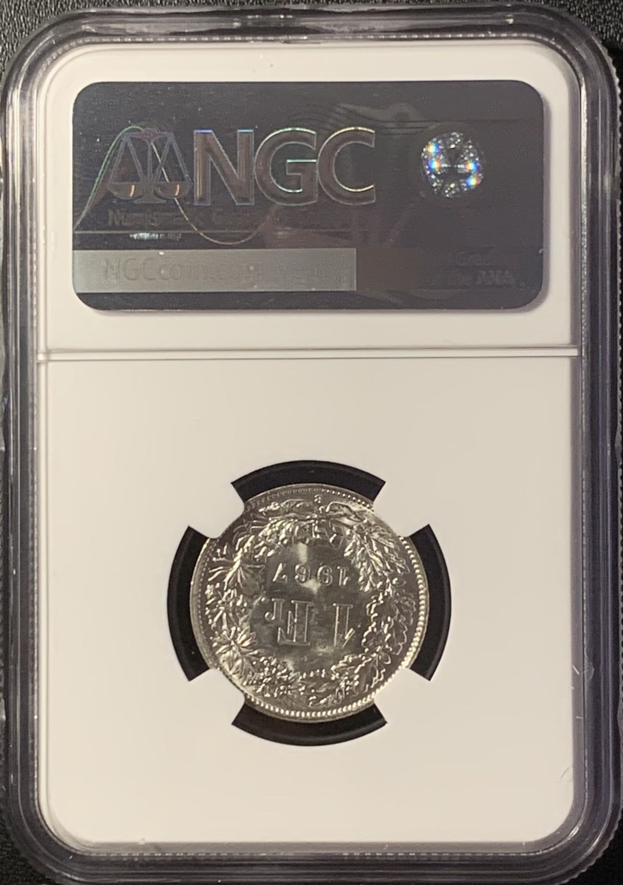 紫瑗钱币——第288期拍卖 瑞士 1967年 B版 赫尔维蒂亚 1法郎 银币 NGC MS65