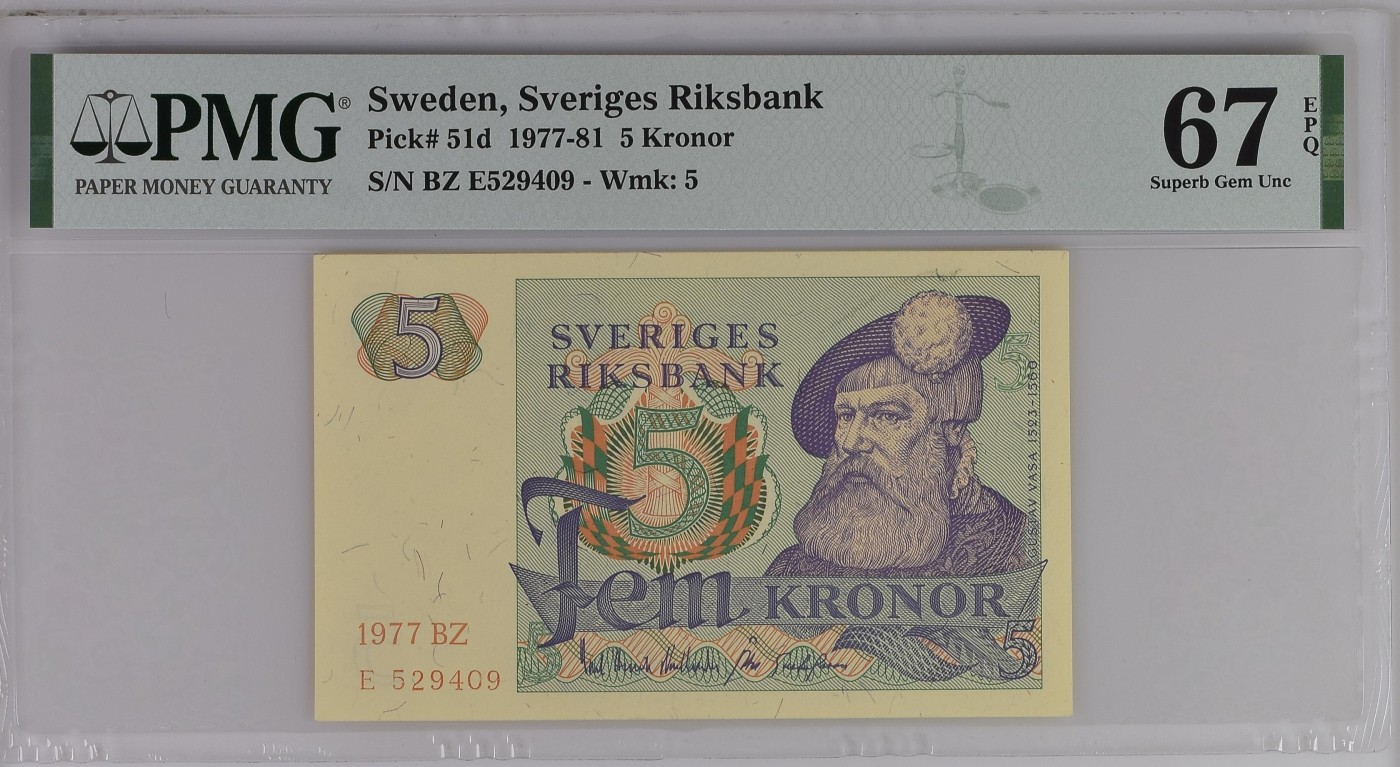 紫瑗钱币——第289期拍卖——纸币场 【PMG 66EPQ】瑞典 1977年 瑞典银行 古斯塔夫一世 5克朗 (P-51d）