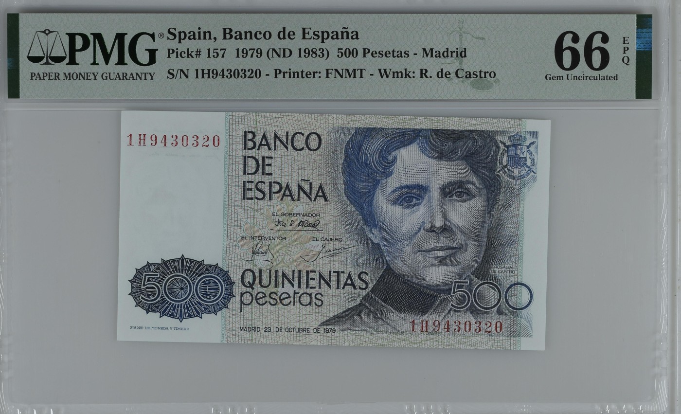紫瑗钱币——第289期拍卖——纸币场 【PMG 66 EPQ】西班牙 1979(1983)年 罗莎莉亚·德·卡斯特罗 500比塞塔 