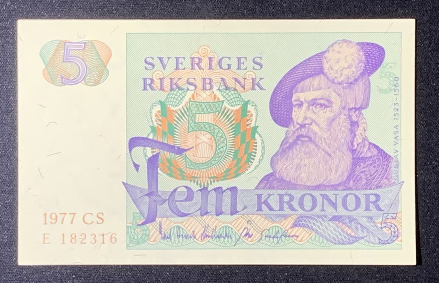 紫瑗钱币——第289期拍卖——纸币场 瑞典 1977年 瑞典银行 古斯塔夫一世 5克朗 UNC