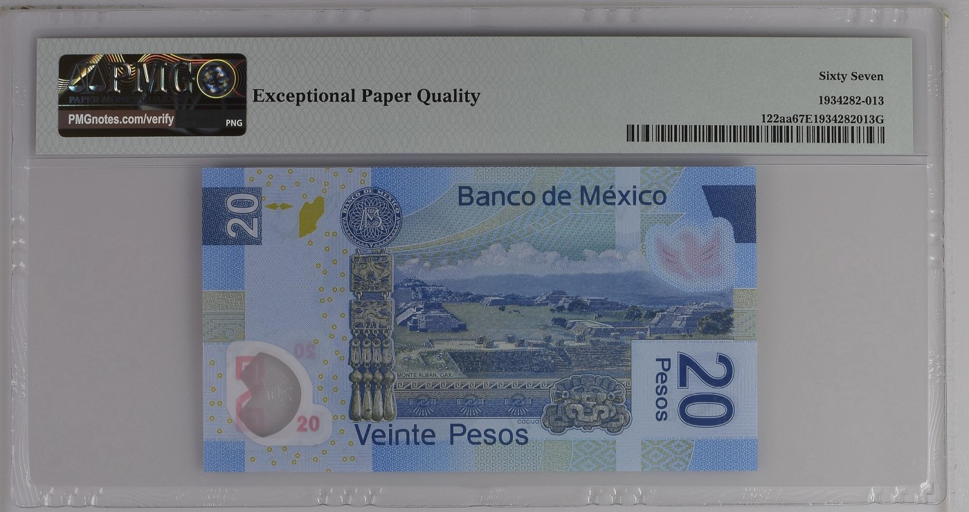 紫瑗钱币——第306期拍卖 【首发A冠 PMG 67EPQ】墨西哥 2016年 墨西哥银行 20比索 （P-122aa）