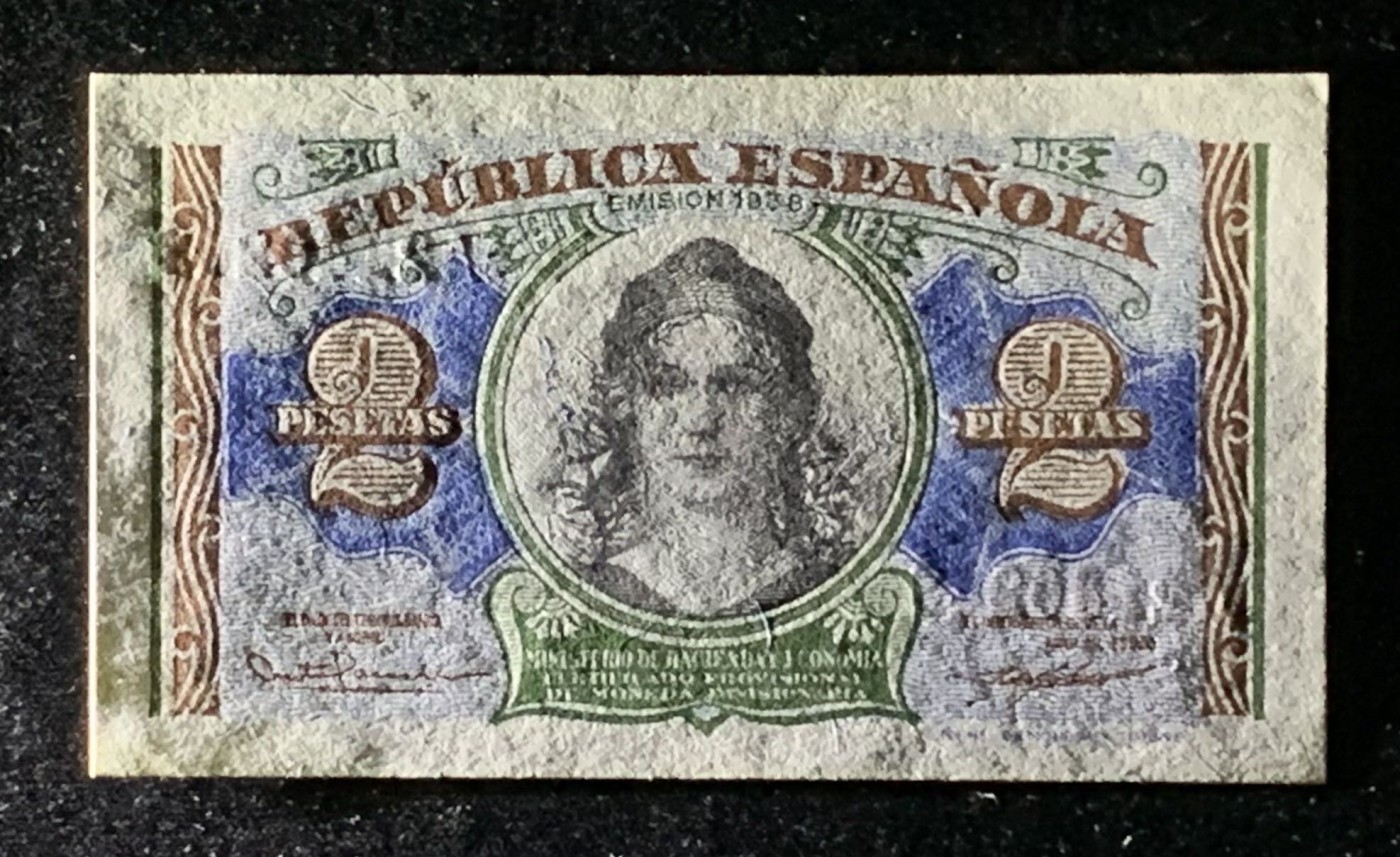 紫瑗钱币——第289期拍卖——纸币场 西班牙 1938年 第二共和国 2比塞塔 UNC