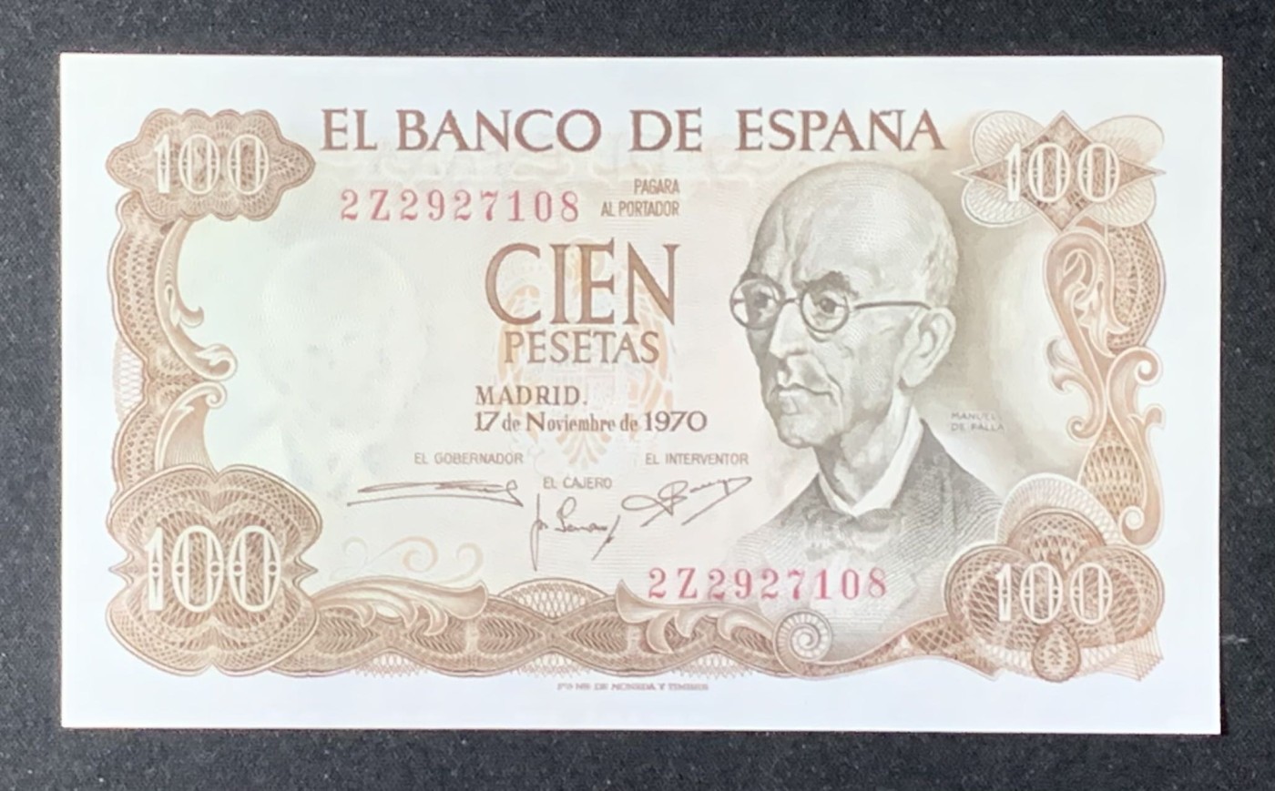 紫瑗钱币——第289期拍卖——纸币场 西班牙 1970(1974)年 曼努埃尔·德法拉 100比塞塔 UNC