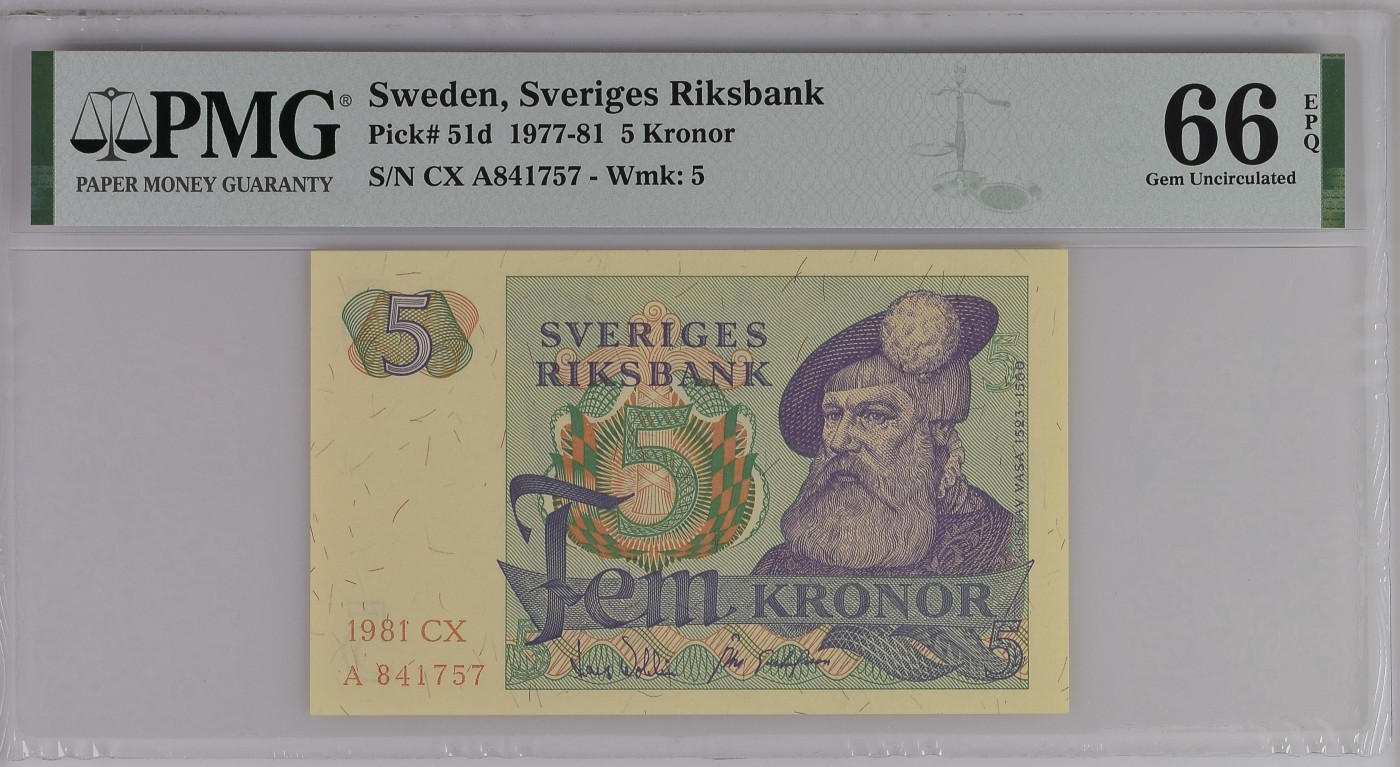 紫瑗钱币——第306期拍卖 【PMG 66EPQ】瑞典 1981年 瑞典银行 古斯塔夫一世 5克朗 (P-51d）