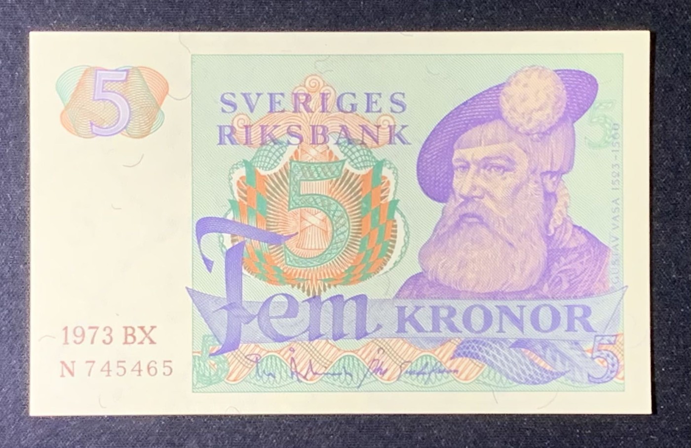 紫瑗钱币——第306期拍卖 瑞典 1973年 瑞典银行 古斯塔夫一世 5克朗 UNC