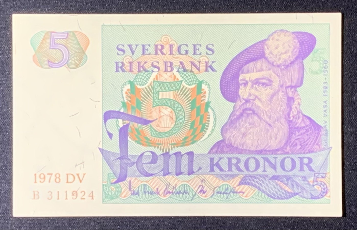 紫瑗钱币——第289期拍卖——纸币场 瑞典 1978年 瑞典银行 古斯塔夫一世 5克朗 UNC