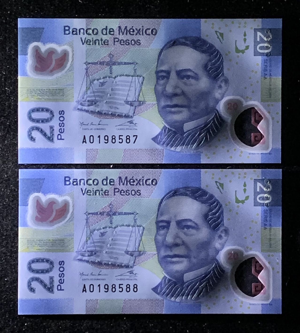紫瑗钱币——第289期拍卖——纸币场 【首发AA冠】墨西哥 2016年 20比索 塑料币 2枚一组 UNC