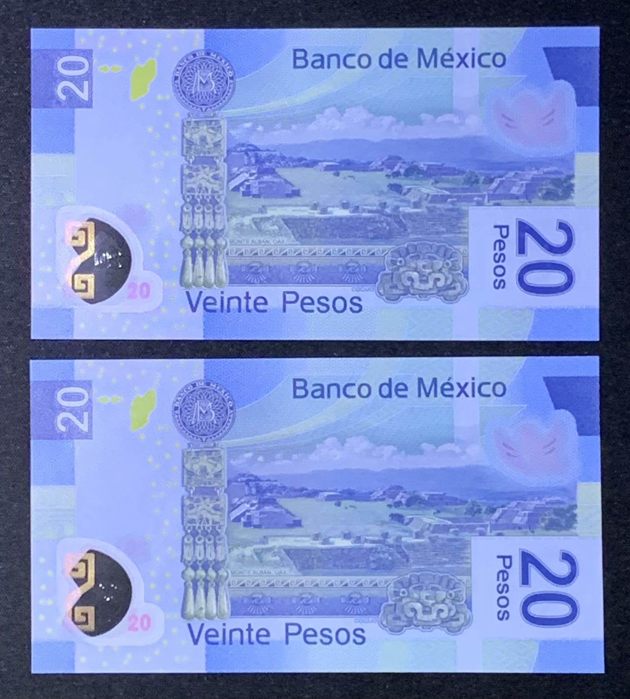 紫瑗钱币——第289期拍卖——纸币场 【首发AA冠】墨西哥 2016年 20比索 塑料币 2枚一组 UNC