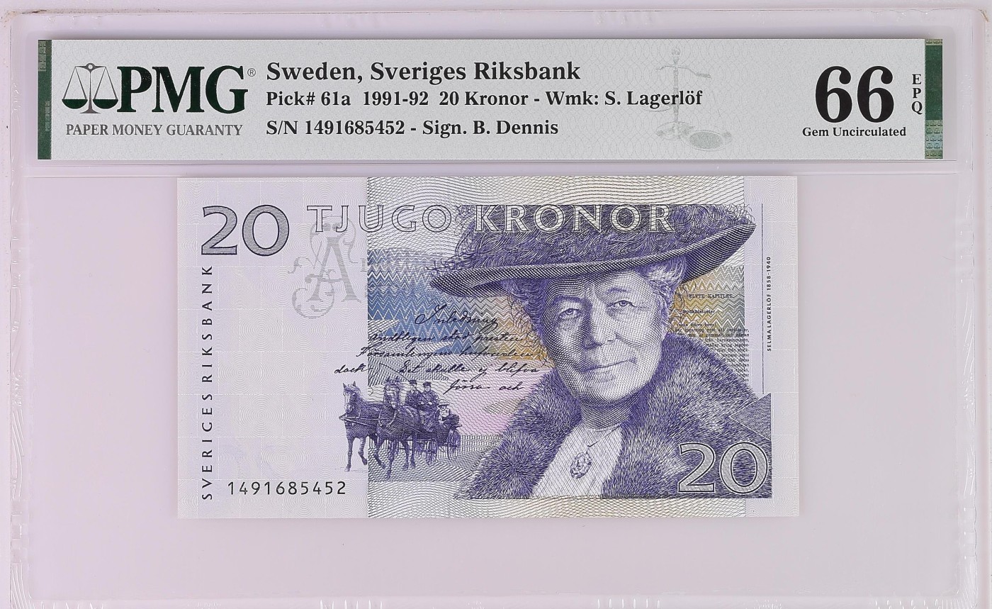 紫瑗钱币——第306期拍卖 【PMG 66EPQ】瑞典 1991-92年 骑鹅旅行记 20克朗 (P-61a）