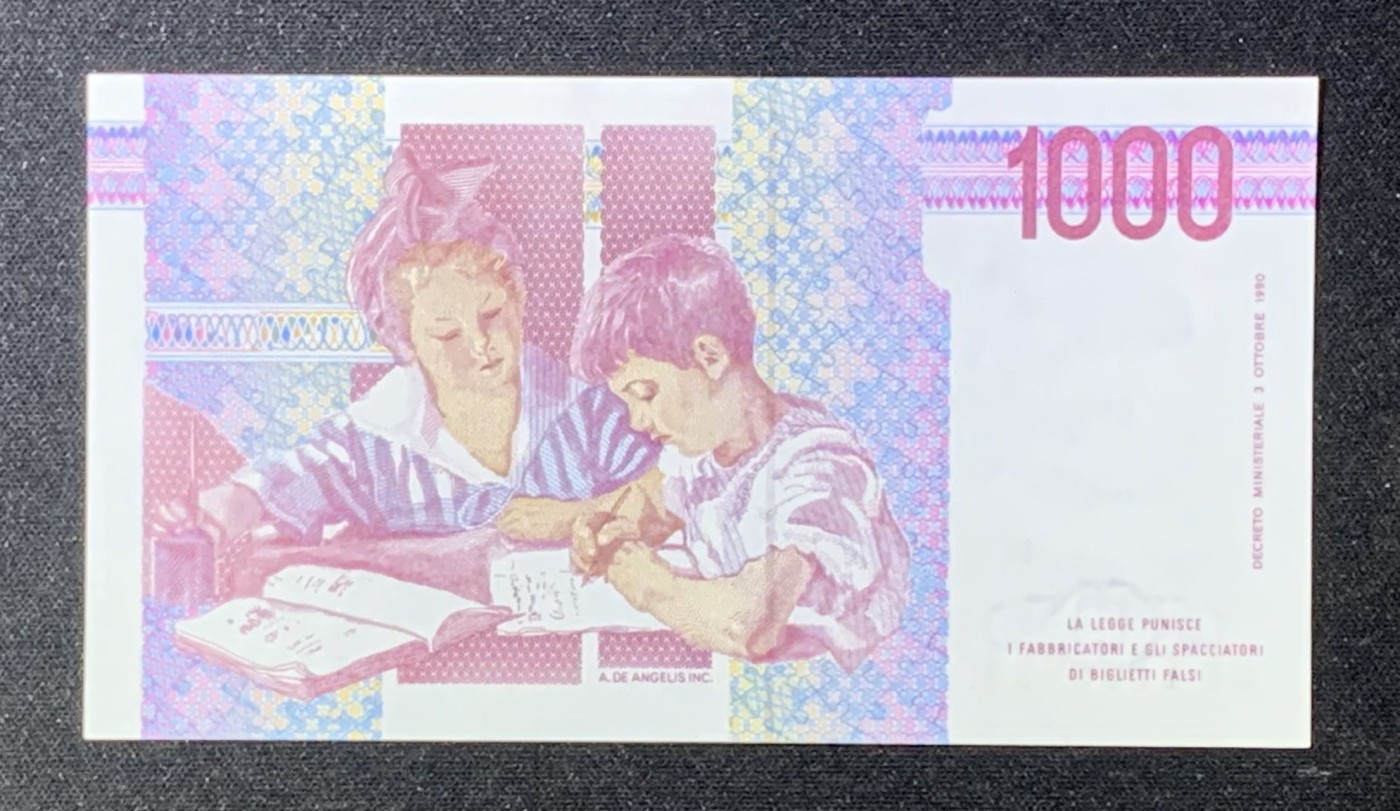 紫瑗钱币——第289期拍卖——纸币场 意大利 1990年 玛利娅·蒙台梭利 末版 1000里拉 UNC