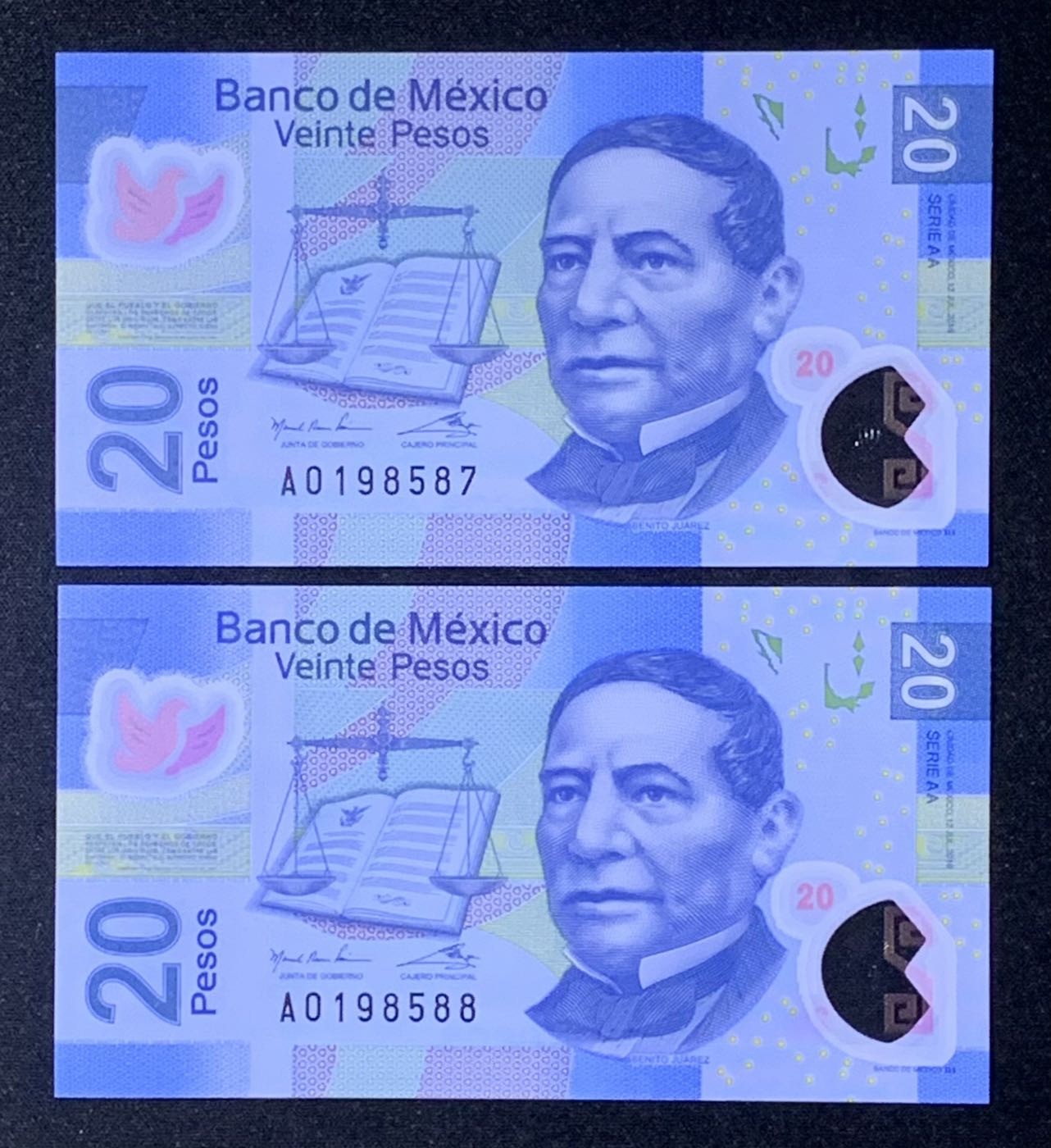 紫瑗钱币——第289期拍卖——纸币场 【首发AA冠】墨西哥 2016年 20比索 塑料币 2枚一组 UNC