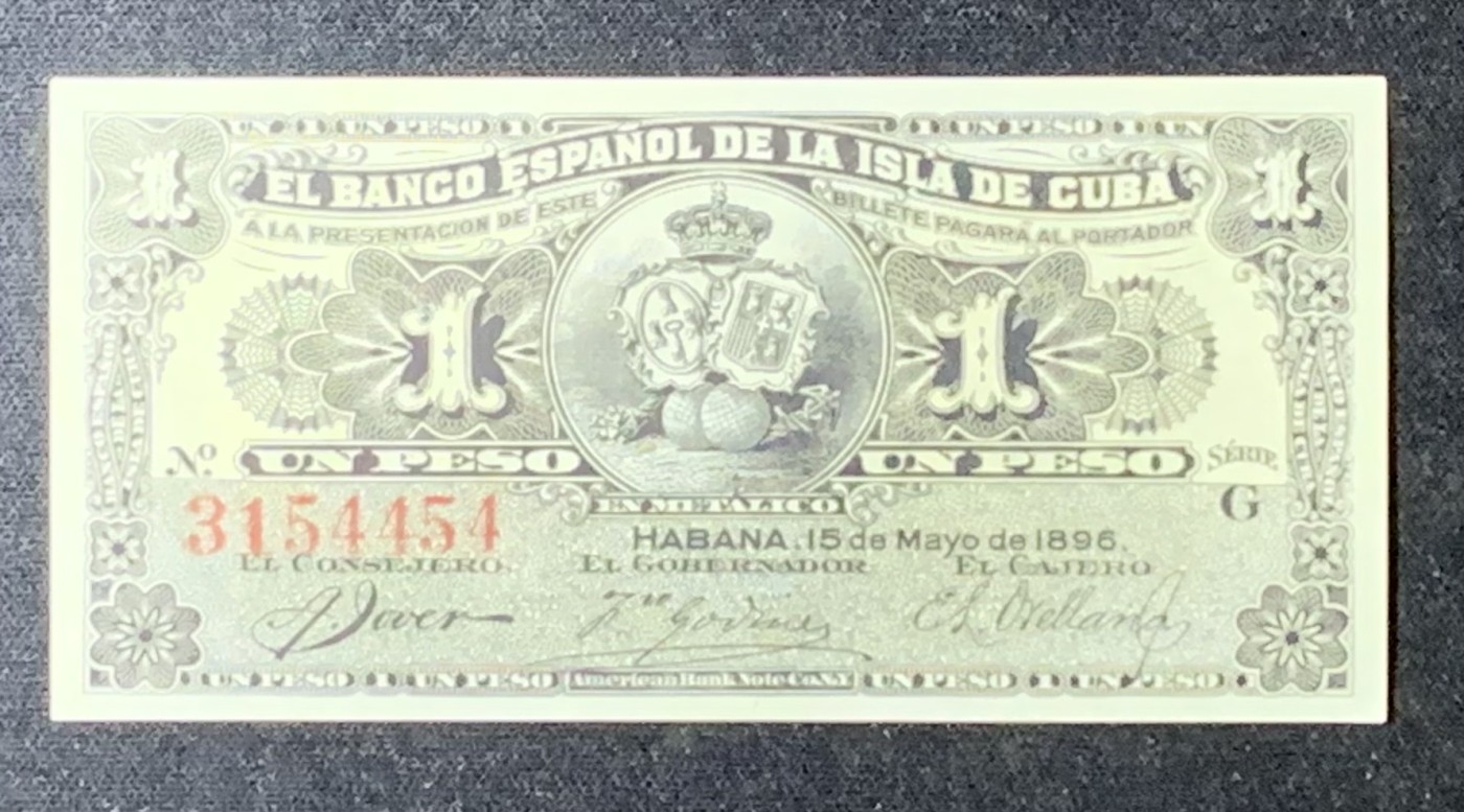 紫瑗钱币——第289期拍卖——纸币场 古巴 1896年 古巴西班牙银行 1比索 UNC