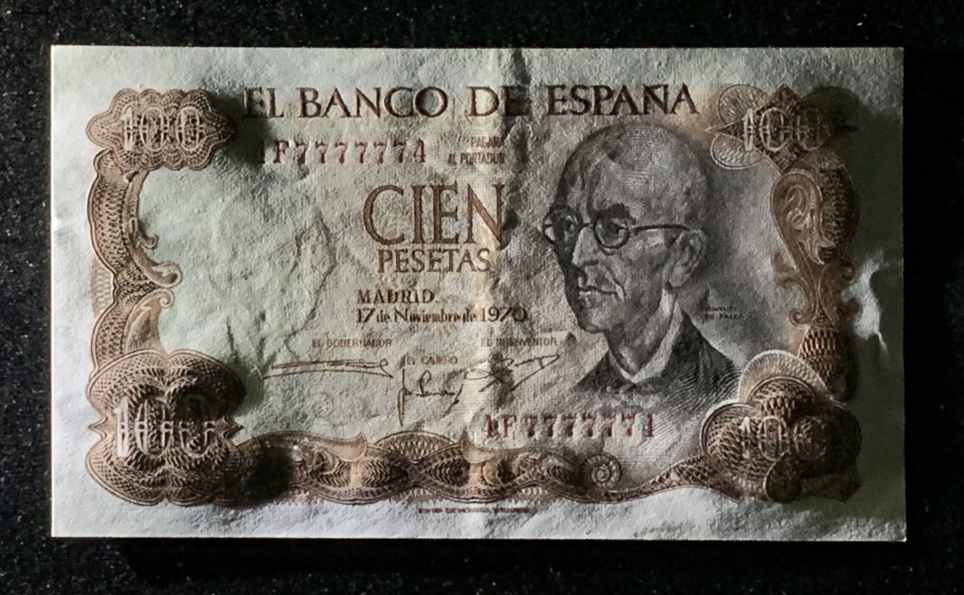 紫瑗钱币——第289期拍卖——纸币场 【近乎全通7】西班牙 1970(1974)年 曼努埃尔·德法拉 100比塞塔 UNC