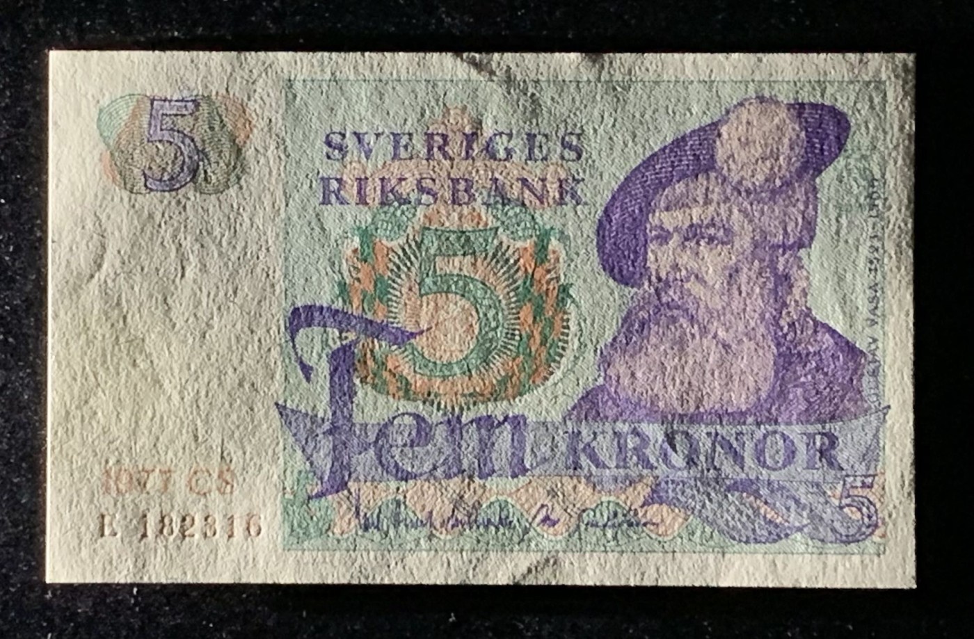 紫瑗钱币——第289期拍卖——纸币场 瑞典 1977年 瑞典银行 古斯塔夫一世 5克朗 UNC