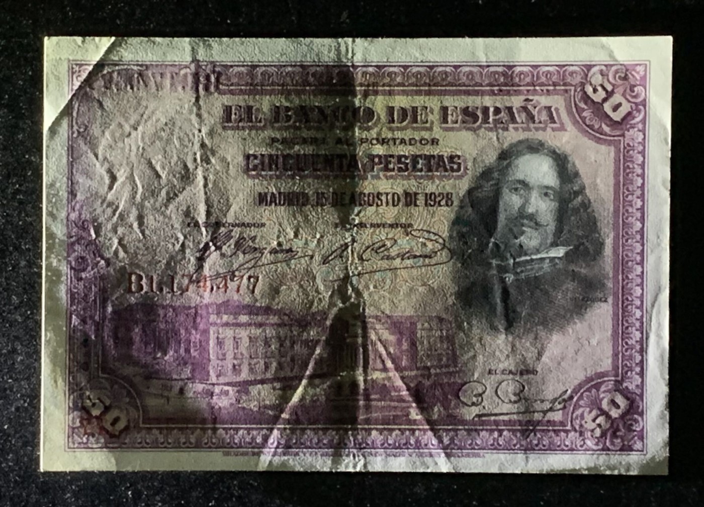 紫瑗钱币——第289期拍卖——纸币场 【叠尾7】西班牙 1928年 油画《布雷达的献城》50比塞塔 流通品