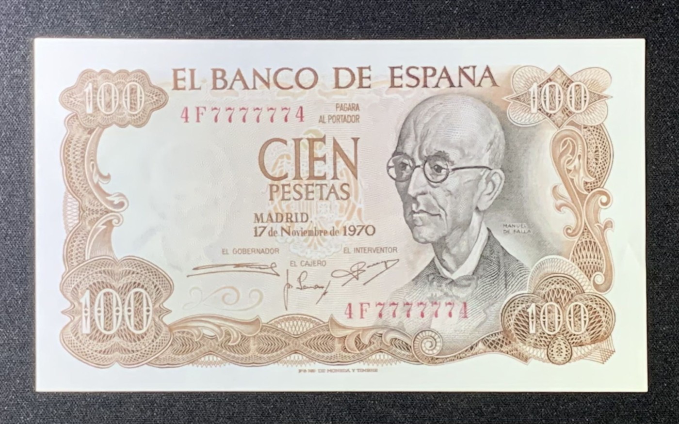 紫瑗钱币——第289期拍卖——纸币场 【近乎全通7】西班牙 1970(1974)年 曼努埃尔·德法拉 100比塞塔 UNC