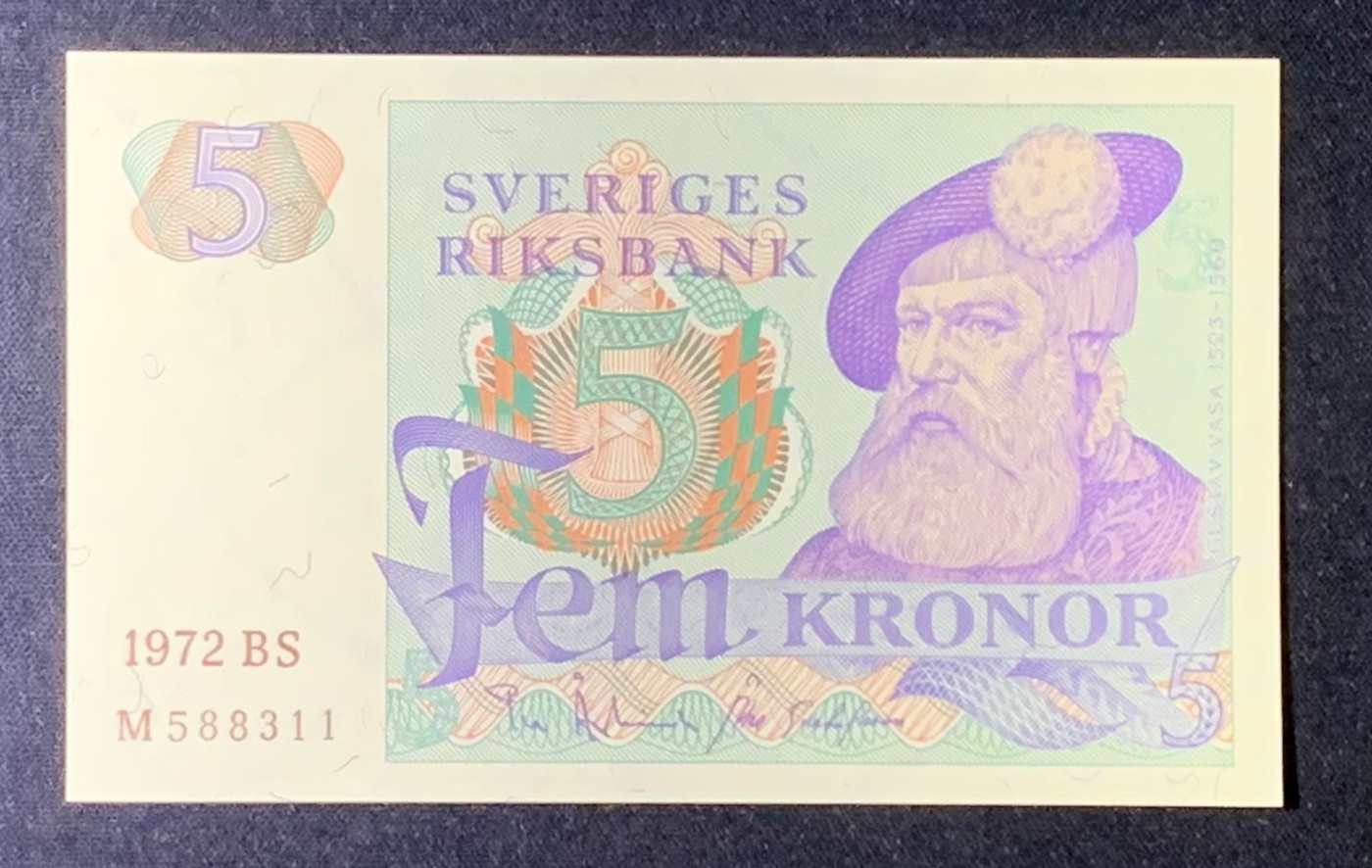 紫瑗钱币——第306期拍卖 【叠尾1】瑞典 1972年 瑞典银行 古斯塔夫一世 5克朗 UNC