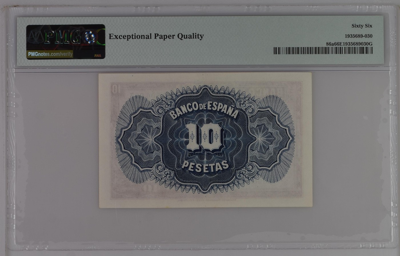 紫瑗钱币——第289期拍卖——纸币场 【PMG 66EPQ 数字冠 】西班牙 1935(1936) 年 西班牙银行 女神 10比塞塔 (86a) BWC出品