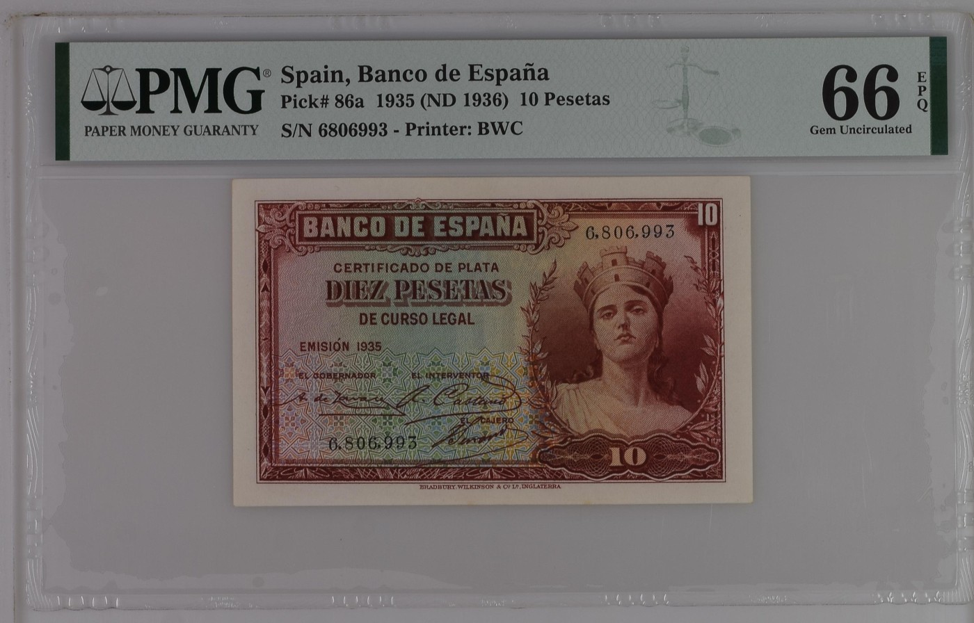 紫瑗钱币——第289期拍卖——纸币场 【PMG 66EPQ 数字冠 】西班牙 1935(1936) 年 西班牙银行 女神 10比塞塔 (86a) BWC出品