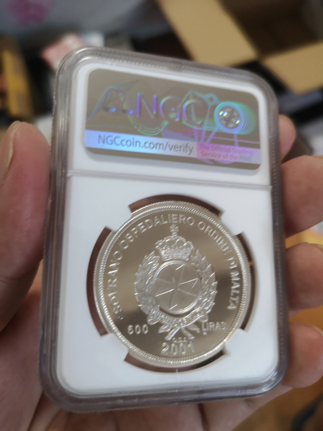 长老汇第17场儿童年评级币 珍惜币！2001马耳他波塞冬500里拉精制银币，NGC PF68UC