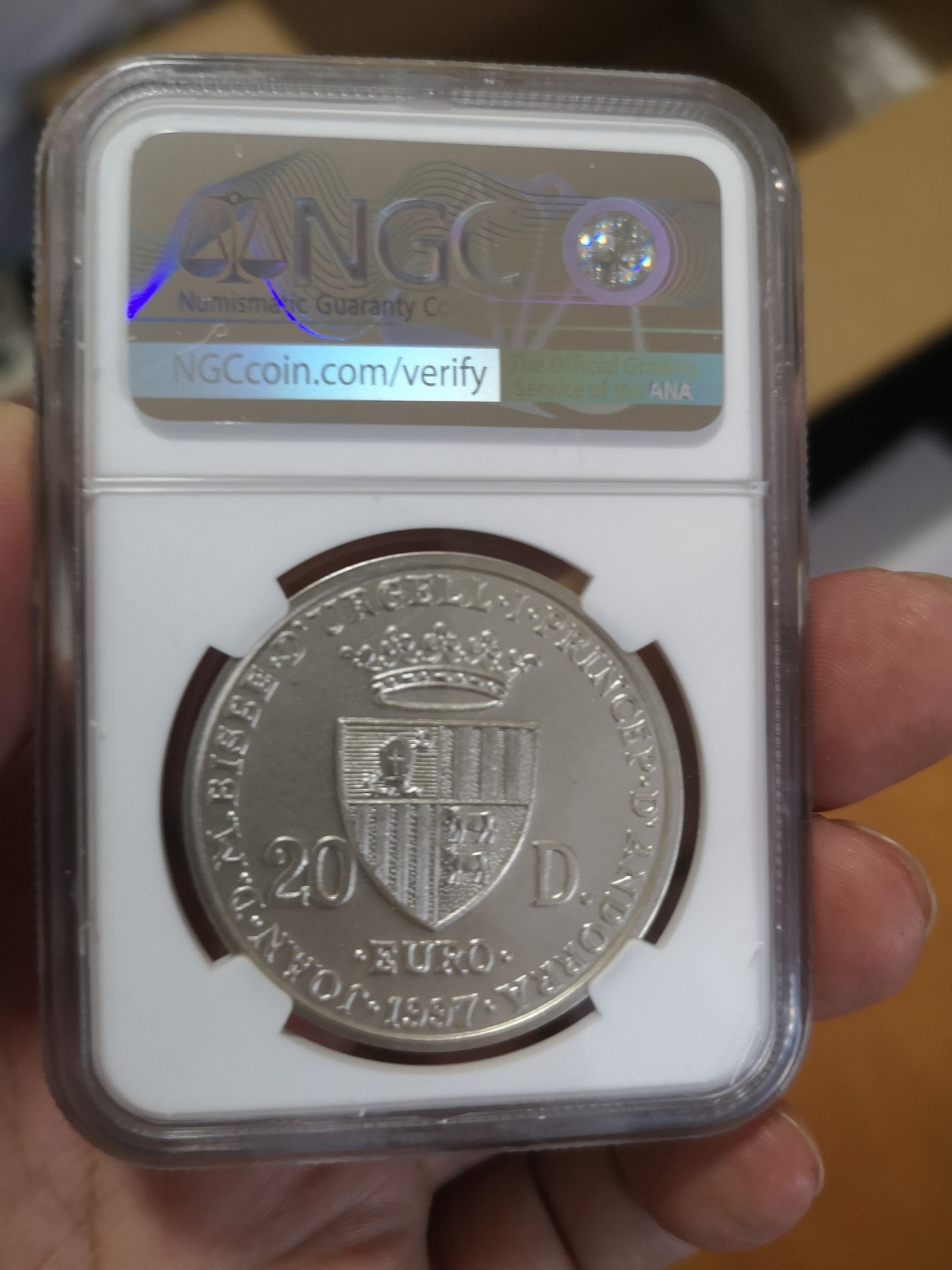 长老汇第17场儿童年评级币 1997安道尔罗马条约镀金20第纳尔银币，NGC MS66