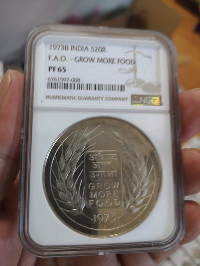 长老汇第17场儿童年评级币 - 1973B印度FAO20卢比银币，NGC PF65