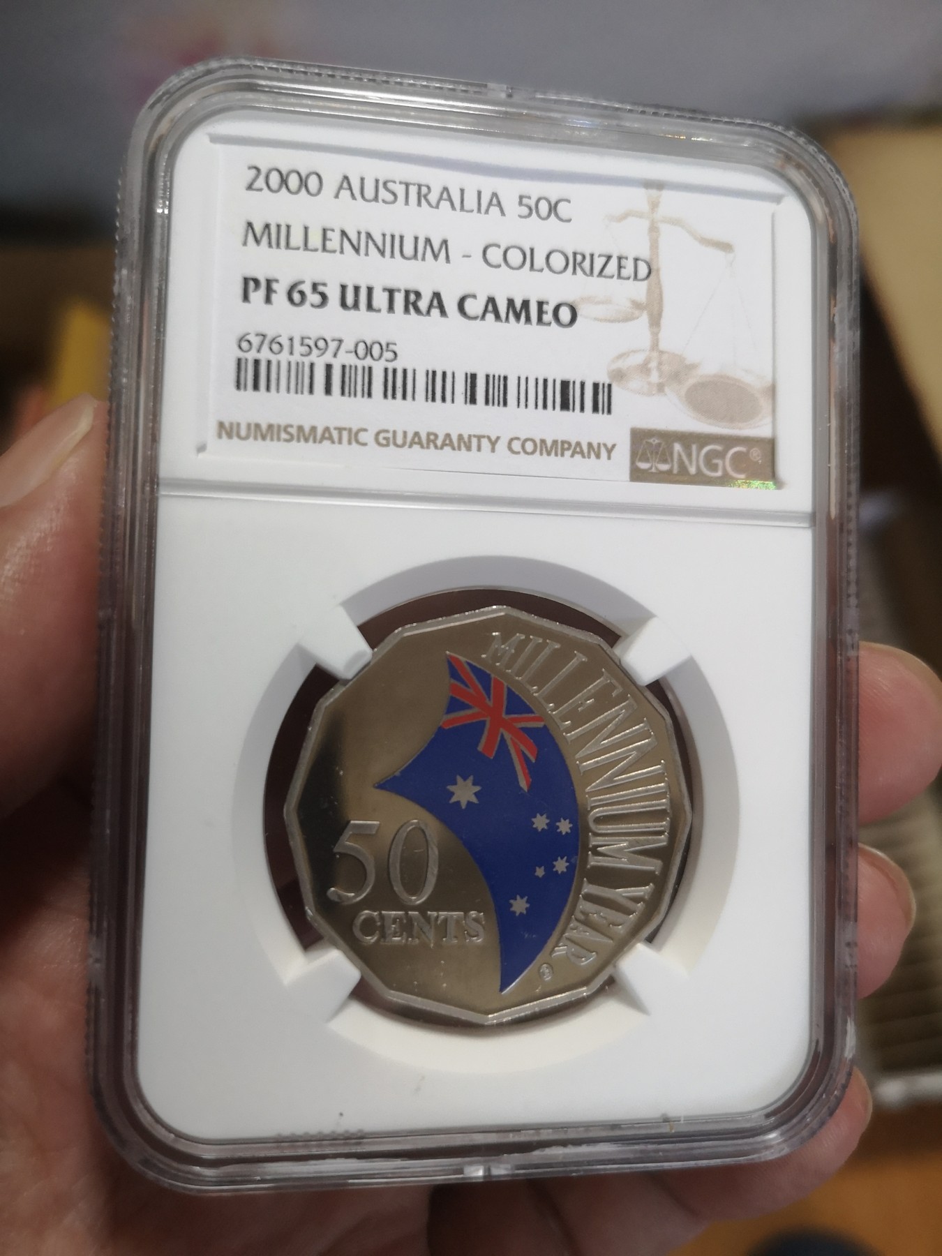 长老汇第17场儿童年评级币 2000澳大利亚千禧彩色50分精制银币，NGC PF65UC