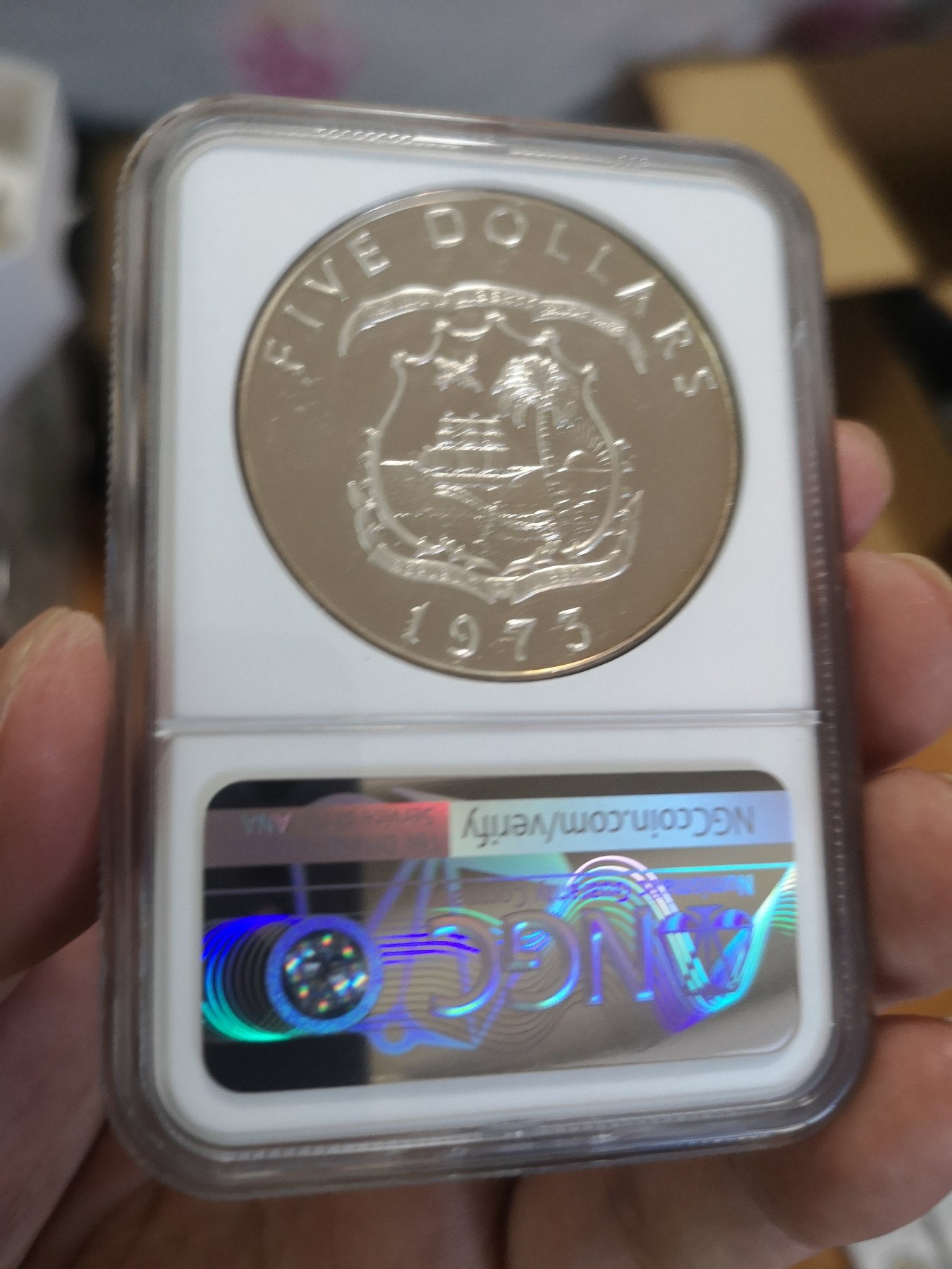 长老汇第17场儿童年评级币 1973利比里亚大象5元精制银币，NGC PF66UC