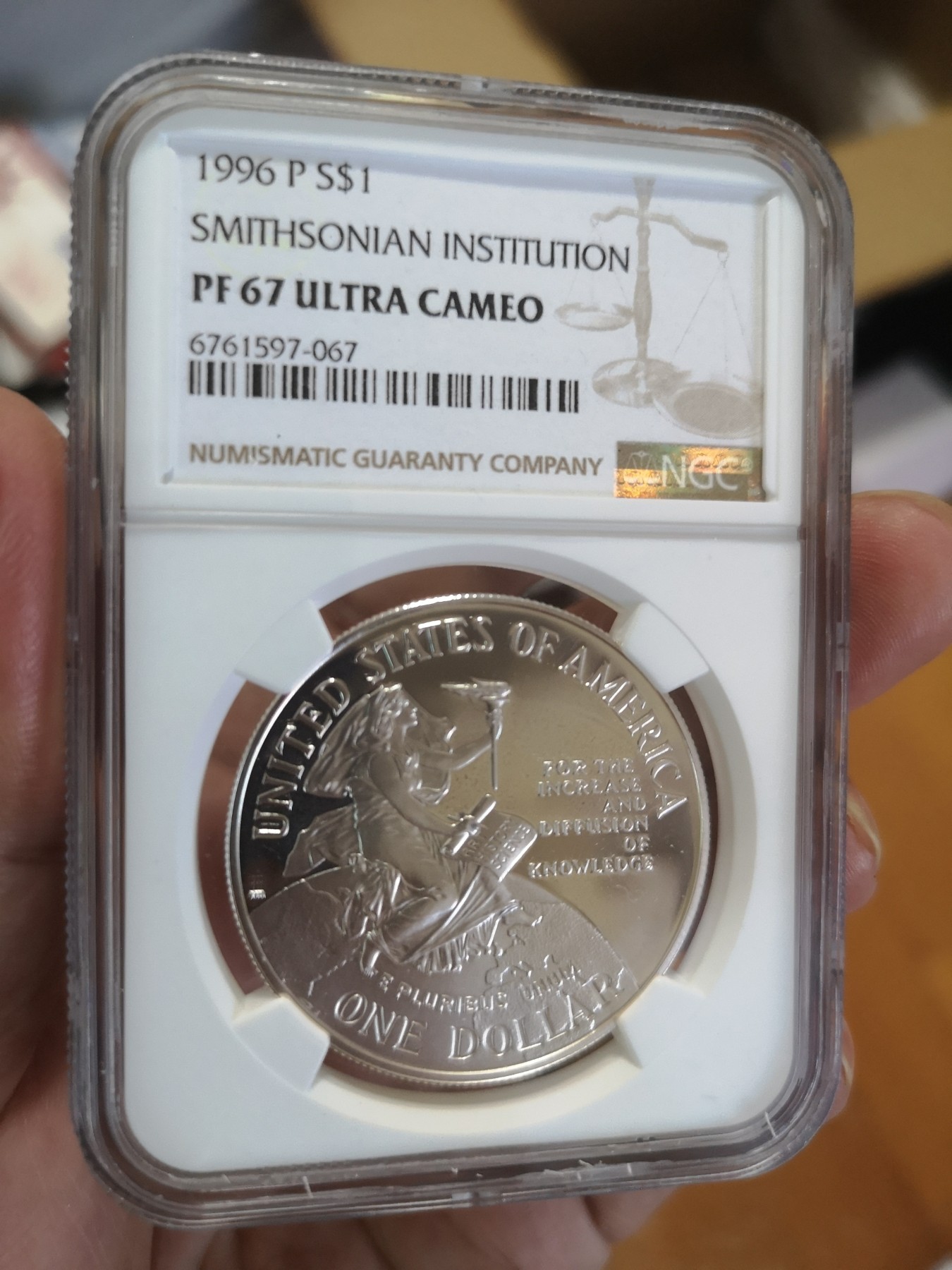 长老汇第17场儿童年评级币 1996P美国史密森研究院1美元银币，NGC PF67