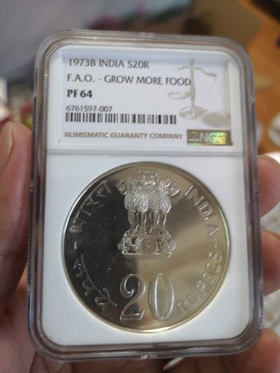 长老汇第17场儿童年评级币 - 1973B印度FAO20卢比银币，NGC PF64