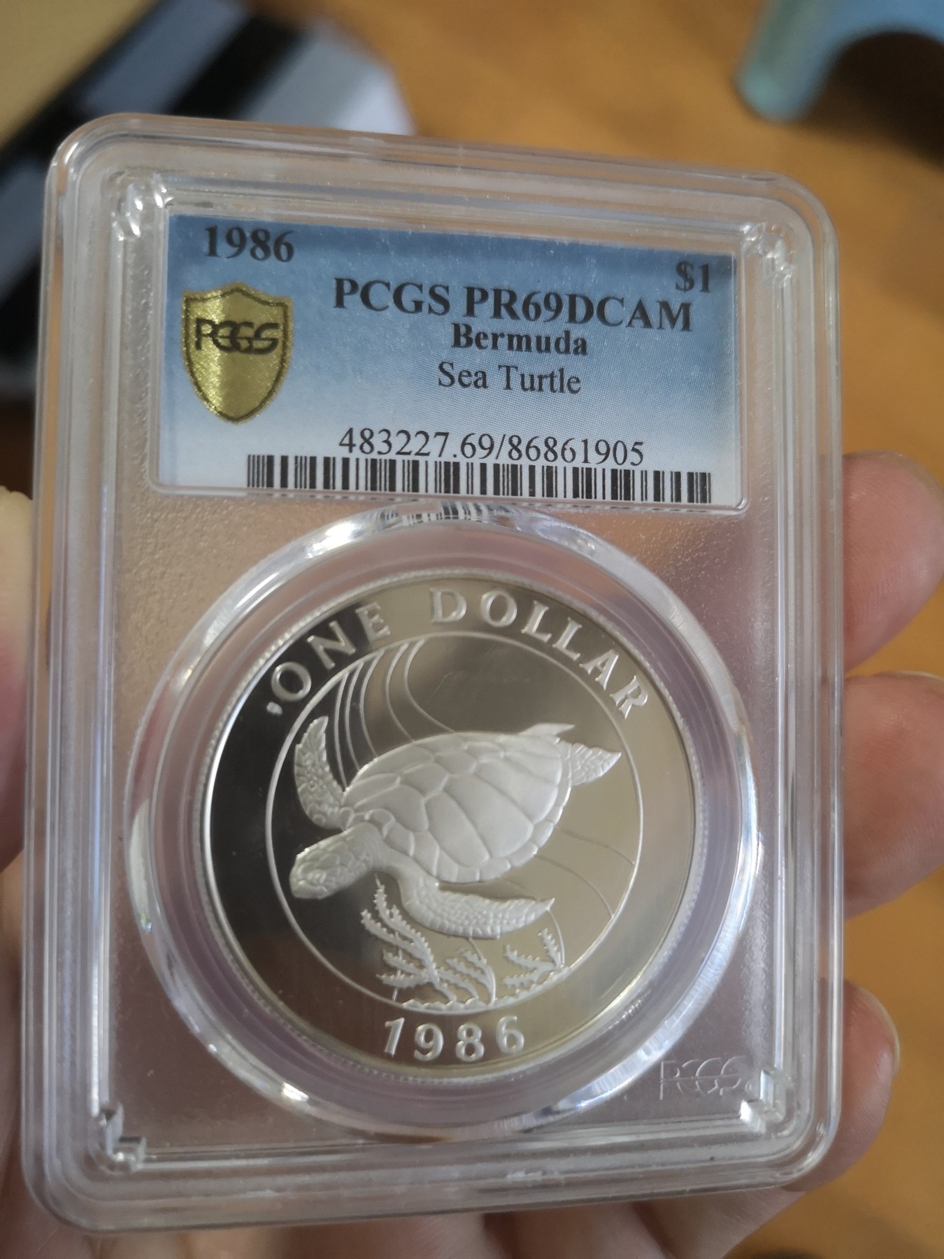 长老汇第17场儿童年评级币 1986百慕大海龟1元精制银币，PCGS PR69DCAM