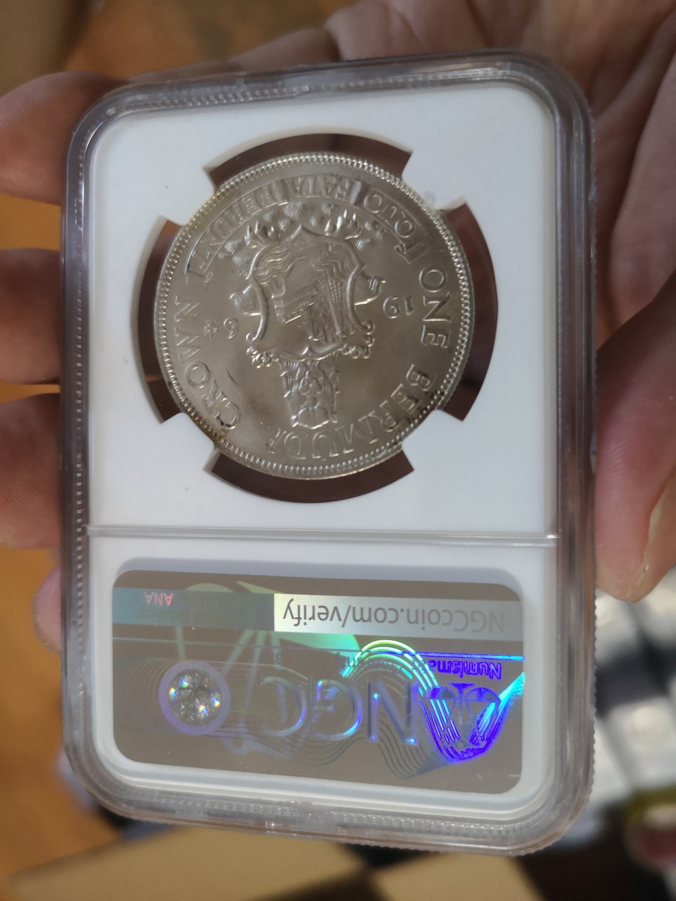 长老汇第17场儿童年评级币 1964百慕大1克朗银币，NGC MS64