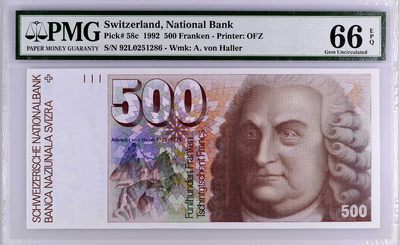 【Blue Auction】✨世界纸币精拍第346期——传承【精】 -  【无47】瑞士 1992年500法郎 PMG66EPQ 阿尔布雷希特·冯·哈勒  经典 西欧玩家必备品种