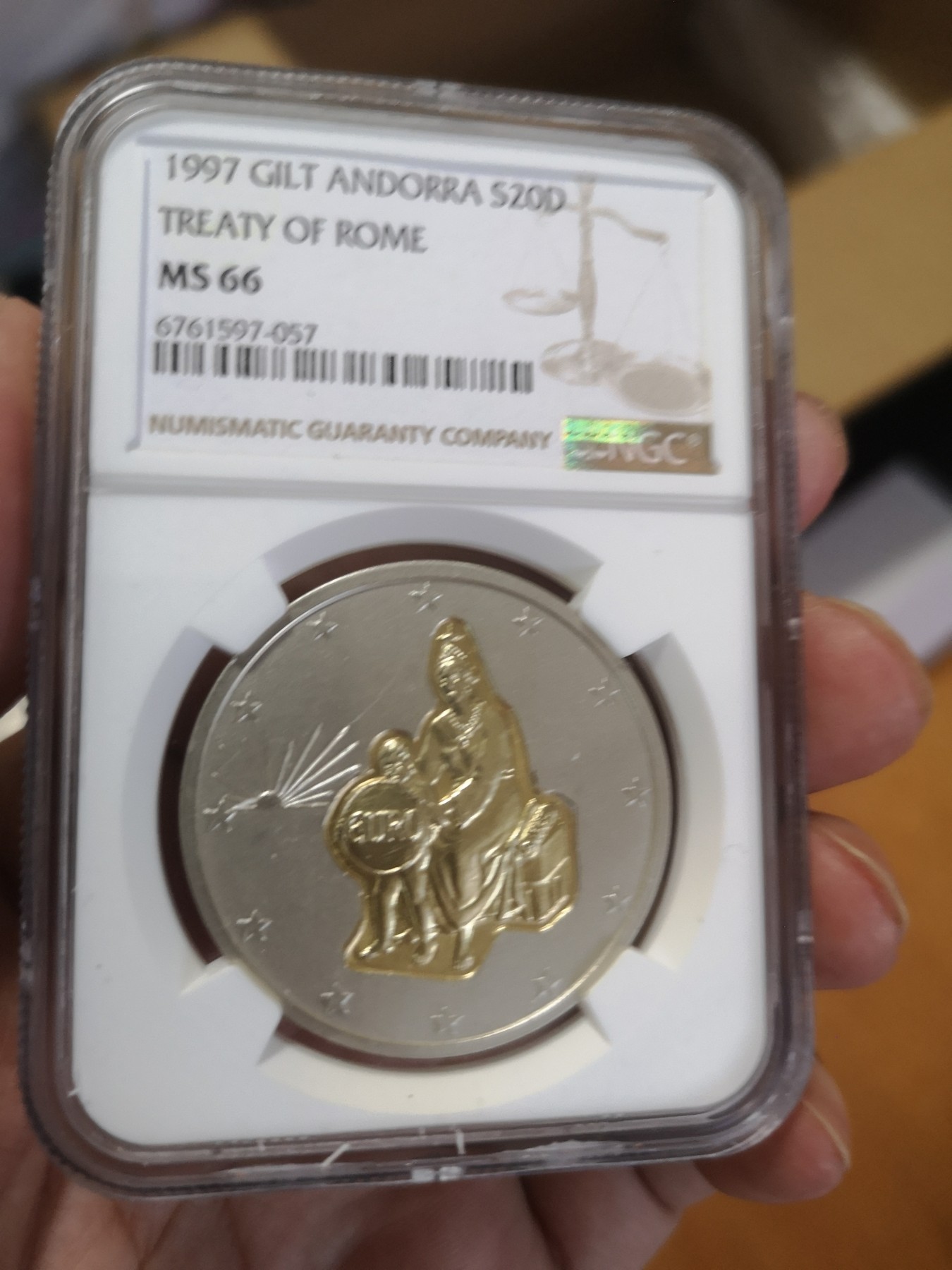 长老汇第17场儿童年评级币 1997安道尔罗马条约镀金20第纳尔银币，NGC MS66