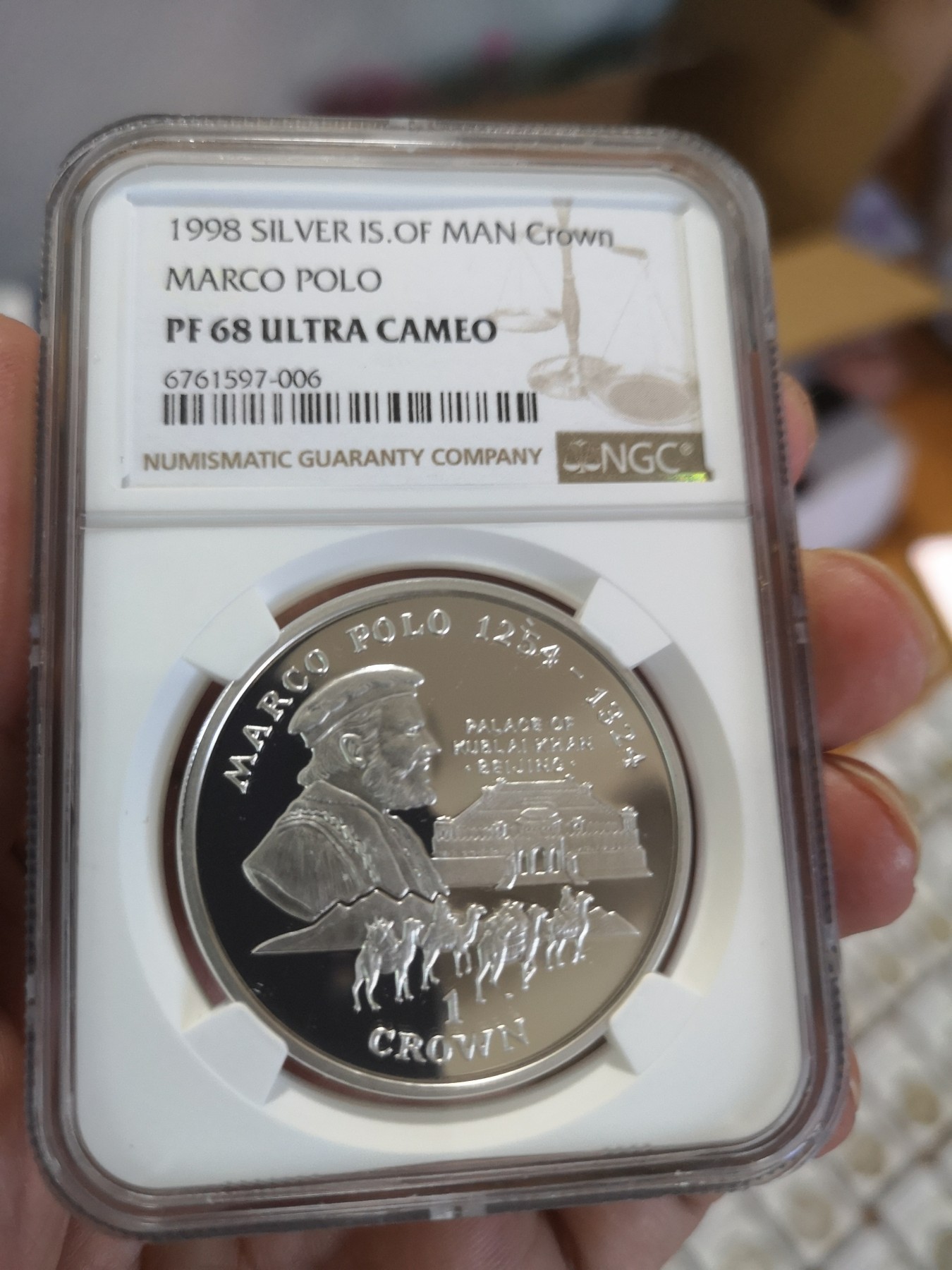 长老汇第17场儿童年评级币 1998马恩岛马可波罗1克朗精制银币，NGC PF68UC
