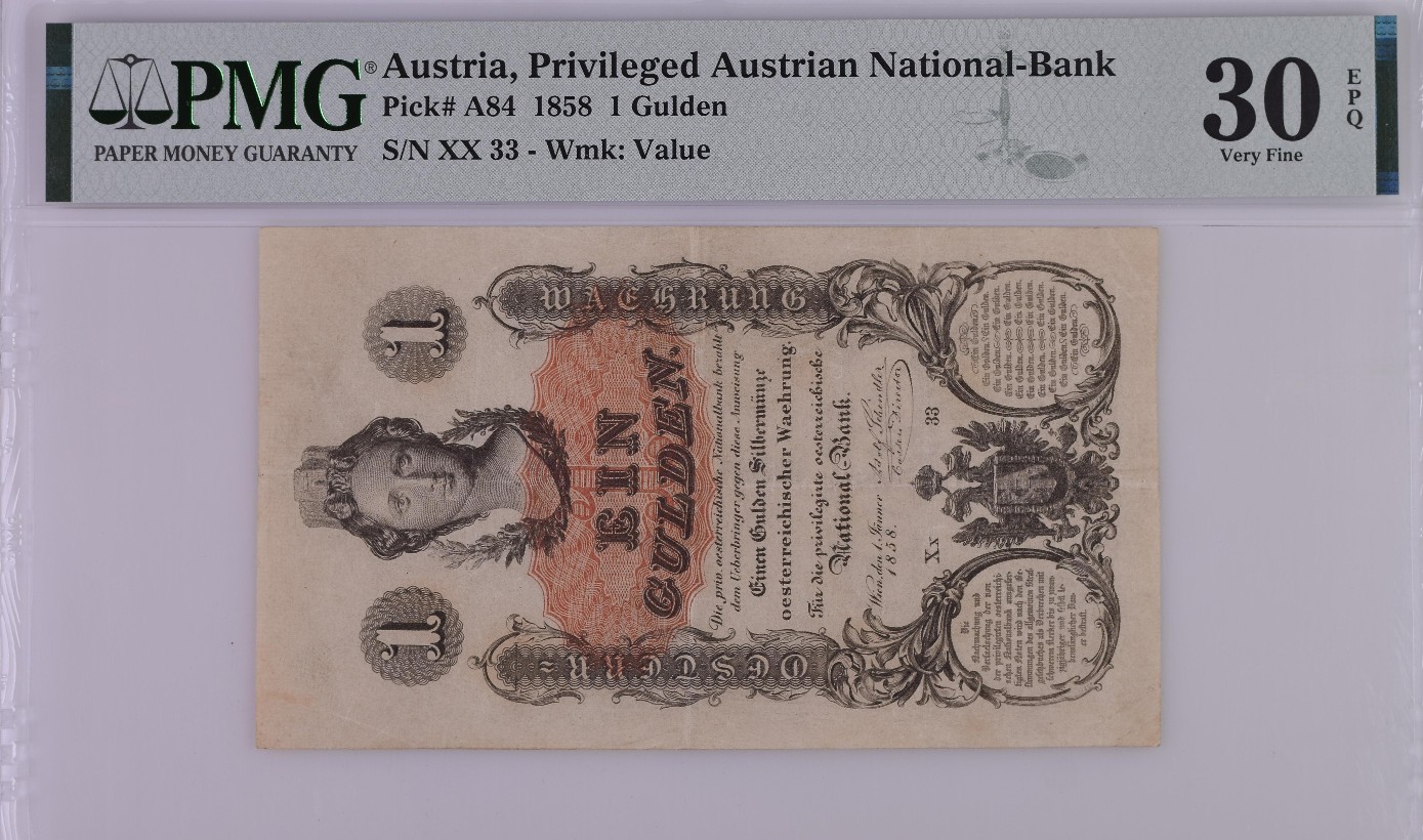【Blue Auction】✨世界纸币精拍第347期——周日畅拍场【精】 【33小号 百年风云 少见品种】奥地利 1858年1盾 PMG30EPQ 原票少见