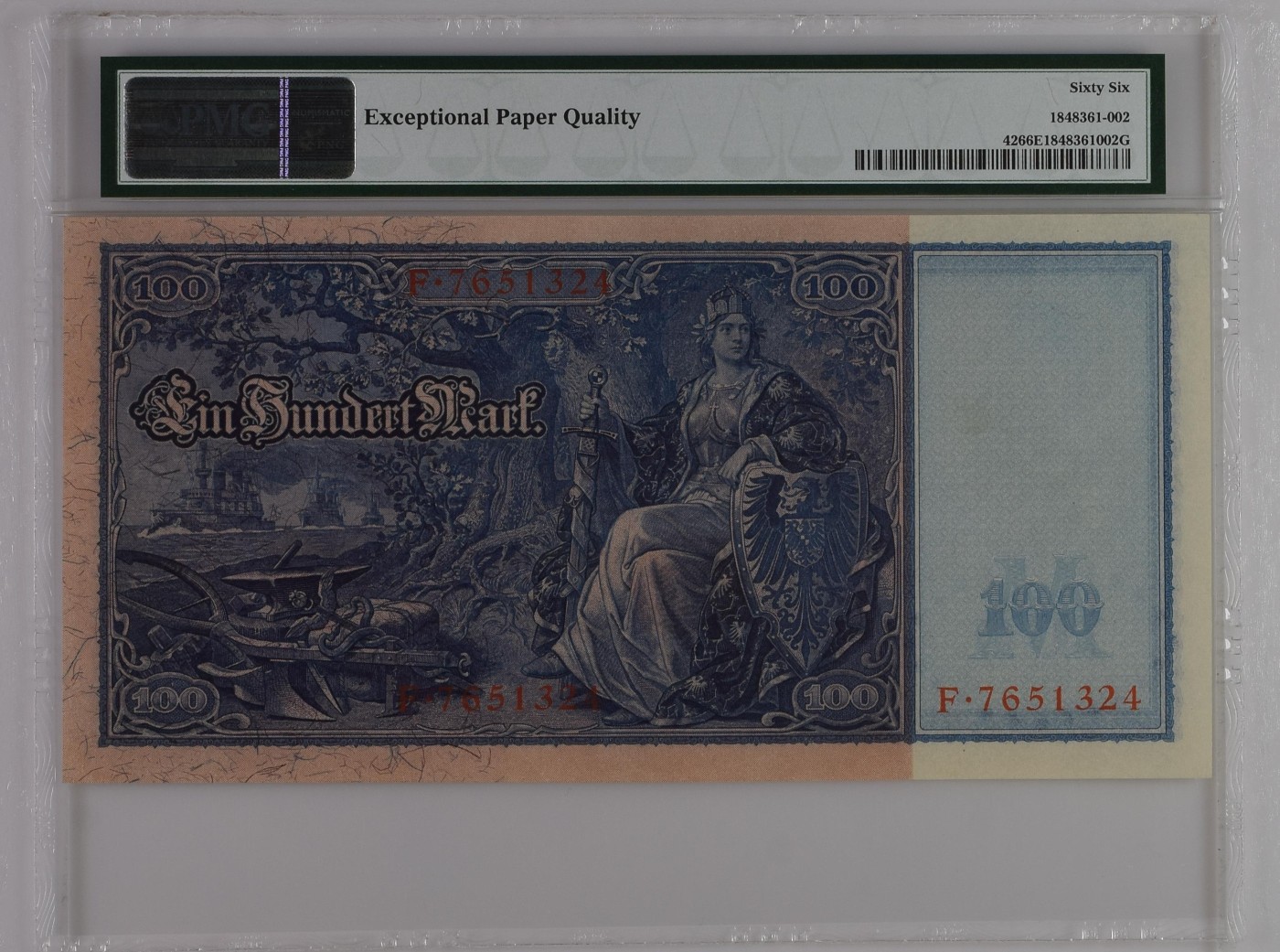 收藏联盟Quantum Auction 第275期拍卖  德国帝国银行1910年100马克  PMG66 大票幅 完美乱龙号