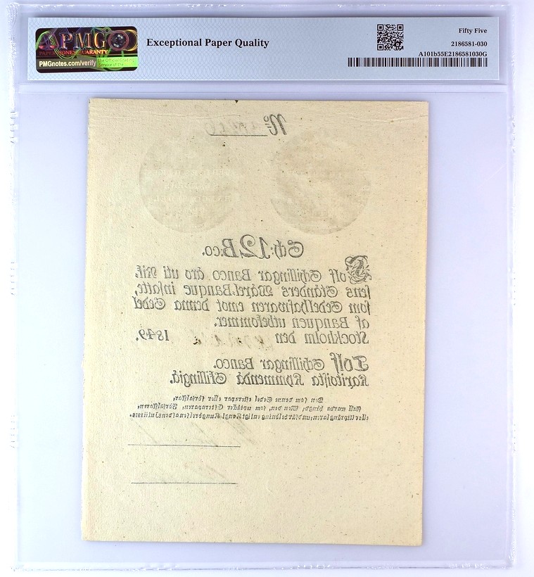 【Blue Auction】✨世界纸币精拍第347期——周日畅拍场【精】 【无47 文物级别 带王国皇冠水印 大票副 带E冠军分】瑞典王国 贝尔纳多特王朝开国君主卡尔十四时期 1836-49年12 Schillingar PMG55EPQ 手签实钞 带钢戳防伪 可遇不可求的品种 国外大拍也罕见品相如此好的原票  55NET更小面值7年前都拍了350多美金 近200年带EPQ很难保存非常非常罕见