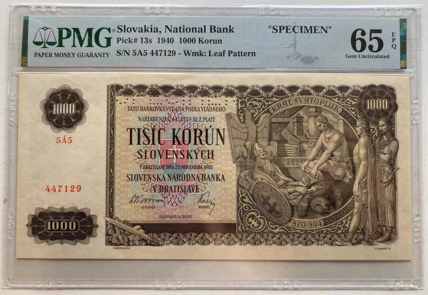 【Blue Auction】✨世界纸币精拍第347期——周日畅拍场【精】 【仅1张更高分】斯洛伐克 1940年1000克朗 PMG65EPQ 绝品 样钞 大票幅 非常精美 折木教子